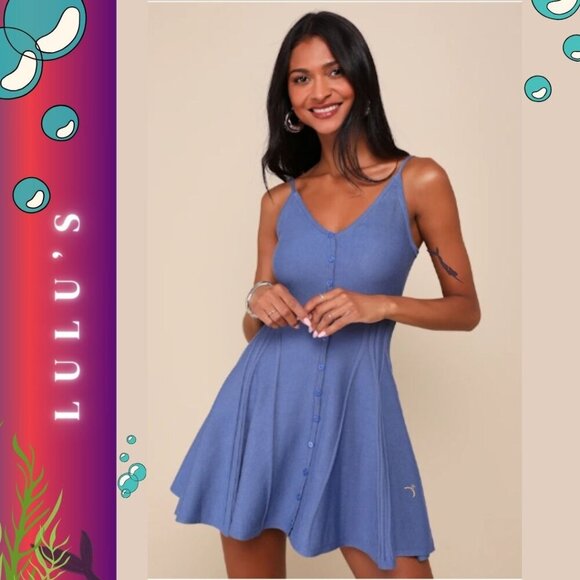 Lulus Dresses & Skirts - Lulu's Flattering Disposition Blue Button-Front Ribbed Mini Dress- Large-L-NWT
